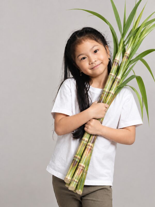A girl hugging fresh sugarcane stalks